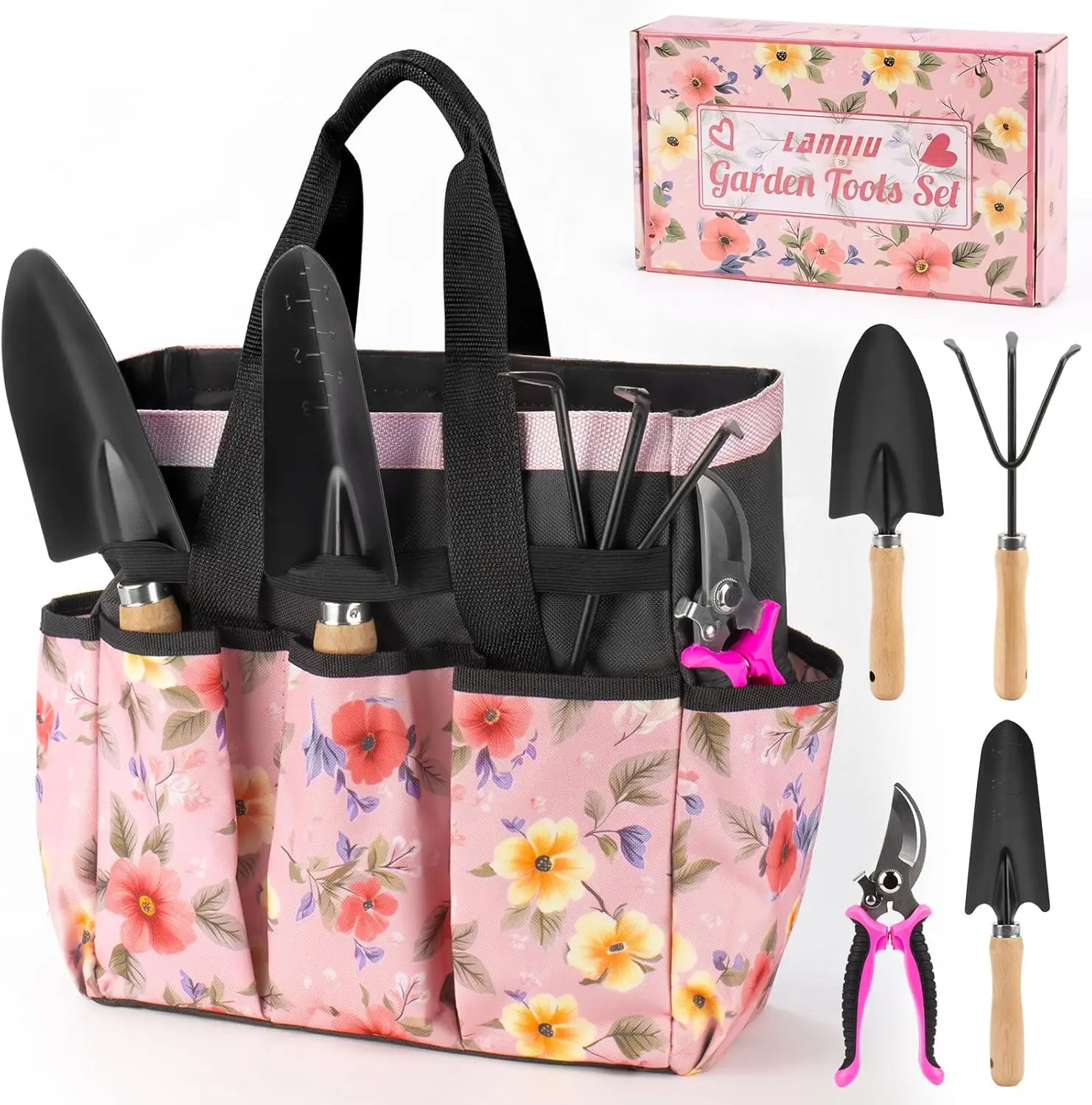 5 Piece Pink Gardening Tool Set for Women | Floral Garden Bag, Garden Tool Kit, Gifts for Wife