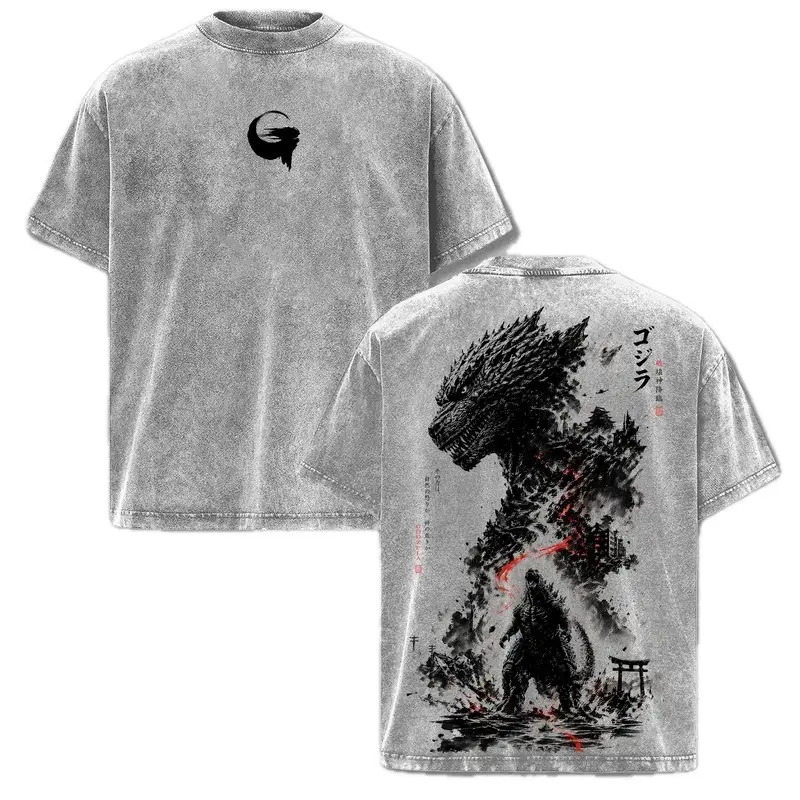 Vintage Acid Wash Godzilla Graphic Tee Japanese Sumi-e Style Kaiju Gojira Oversized Streetwear Shirt Premium Heavyweight Cotton Retro Manga T-Shirt Gift for Men