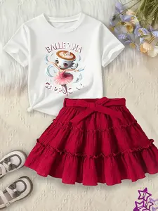 Cute Ballerina Cappuccino Pattern Girls' Set, T-Shirt & Lace Skirt, Casual Spring & Fall, Breathable and Comfortable