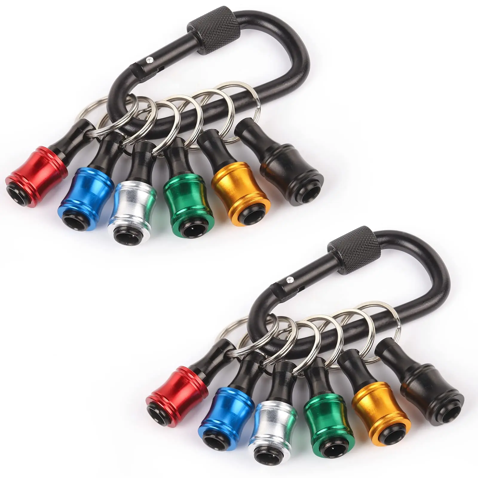 Katerk 6pcs 1/4-in Hex Shank Aluminum Alloy Bit Holder (2 Sets) - Lightweight Quick-Change Portable Drill Screw Adapter, EDC Gear, Multitools & Accessories with Black Carabiner for DIY Repair