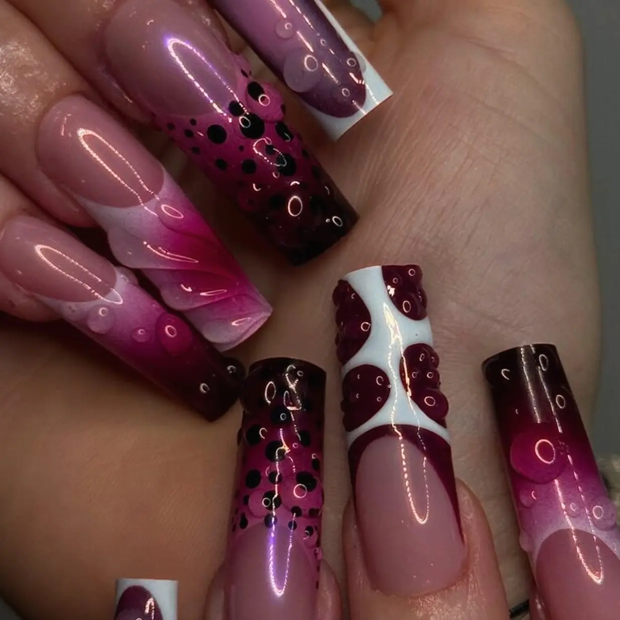 Burgundy Ombre Bubble Press On Nails | Glossy Purple Long Coffin Nails | Burgundy Gradient Nail Art | 3D Dot Art Fake Nails | DB408Y TYD