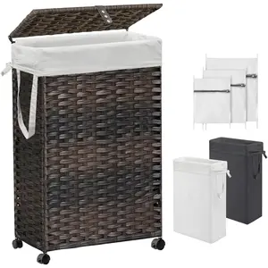70L Slim Laundry Hamper with Lid & Wheels, Rolling Laundry Basket with 2 Removable Liner Bags & 3 Mesh Bags, Narrow Dirty Clothes Basket, Foldable Handwoven Rattan Laundry Sorter, Brown