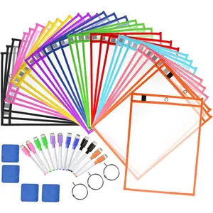Dry Erase Pockets Sheet Protectors 30 Pack   10" x 13" Clear Durable Plastic Sleeves with 12 Pens, 4 Erasers and 2 Rings for Classroom Organization, Teacher and School Supplies