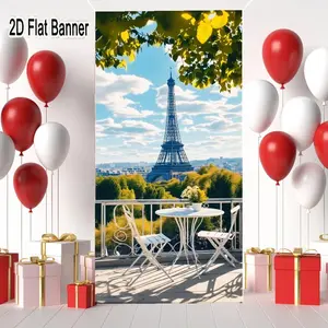 2D flat banner, 1pcParisian Balcony Decor Set, White Wrought-Iron Table & Matching Chairs for Outdoor Garden Scenes, Eiffel Tower Backdrop with Yellow-Green Leaves & White Flower Accentgalentines party decor, valentine day decor, decorations for vale