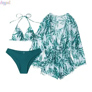 Anygoal Women's 3-Piece Tight-Fitting Tropical Print Bathing Suit Set - Halter Triangle Bikini, Waist-Cinching Sheer Cover-Up, Long-Sleeve Side Drawstring Beach Kimono for Beach Vacations, Pool Parties, Bathing Suit Women Set