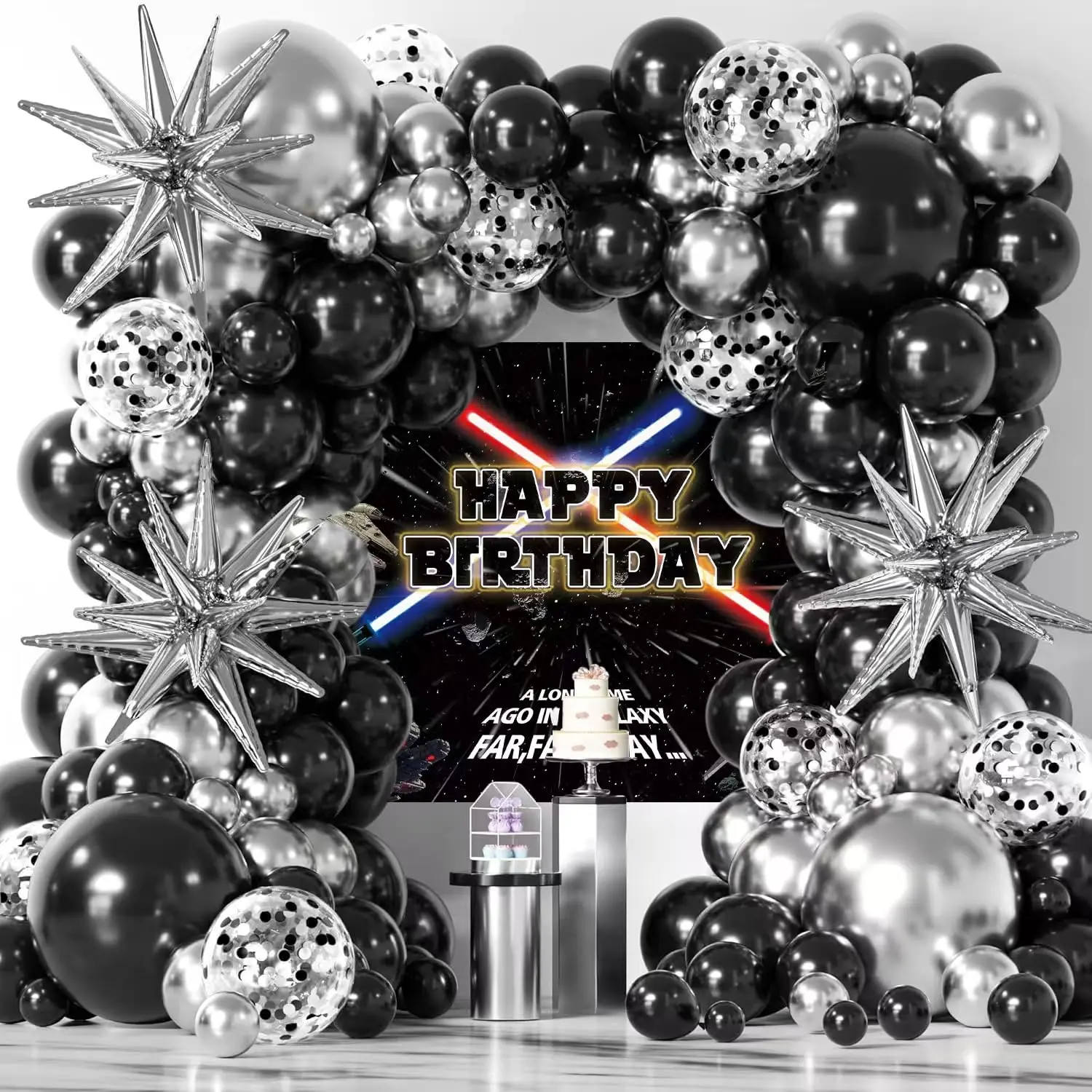 Galaxy-Themed Birthday Decor Set with Balloon Arch & Universe Wars Backdrop for Kids