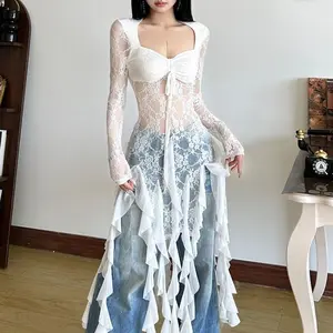 y2kSexy See Through Mesh White Tops Mujer Square Collar Patchwork T-shirts Forwomen 2025 Summer New Long Sleeve Tee Shirt Womenswear Blouse Slim Crewneck Basic Minimalist(Sheets)