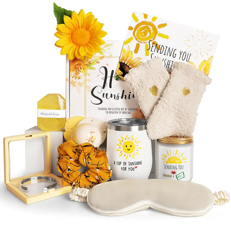 SUHCTUPTX Cheerful Sunflower Floral Spa Care Package Gift Box Set (12 Items) - Women's Home Gift Box with Wine Cup, Eye Care Items, Bracelet, Handmade Soap Bars, 2 Shower Steamers, 50h Candle Burn (Birthday, Christmas Wishlist)