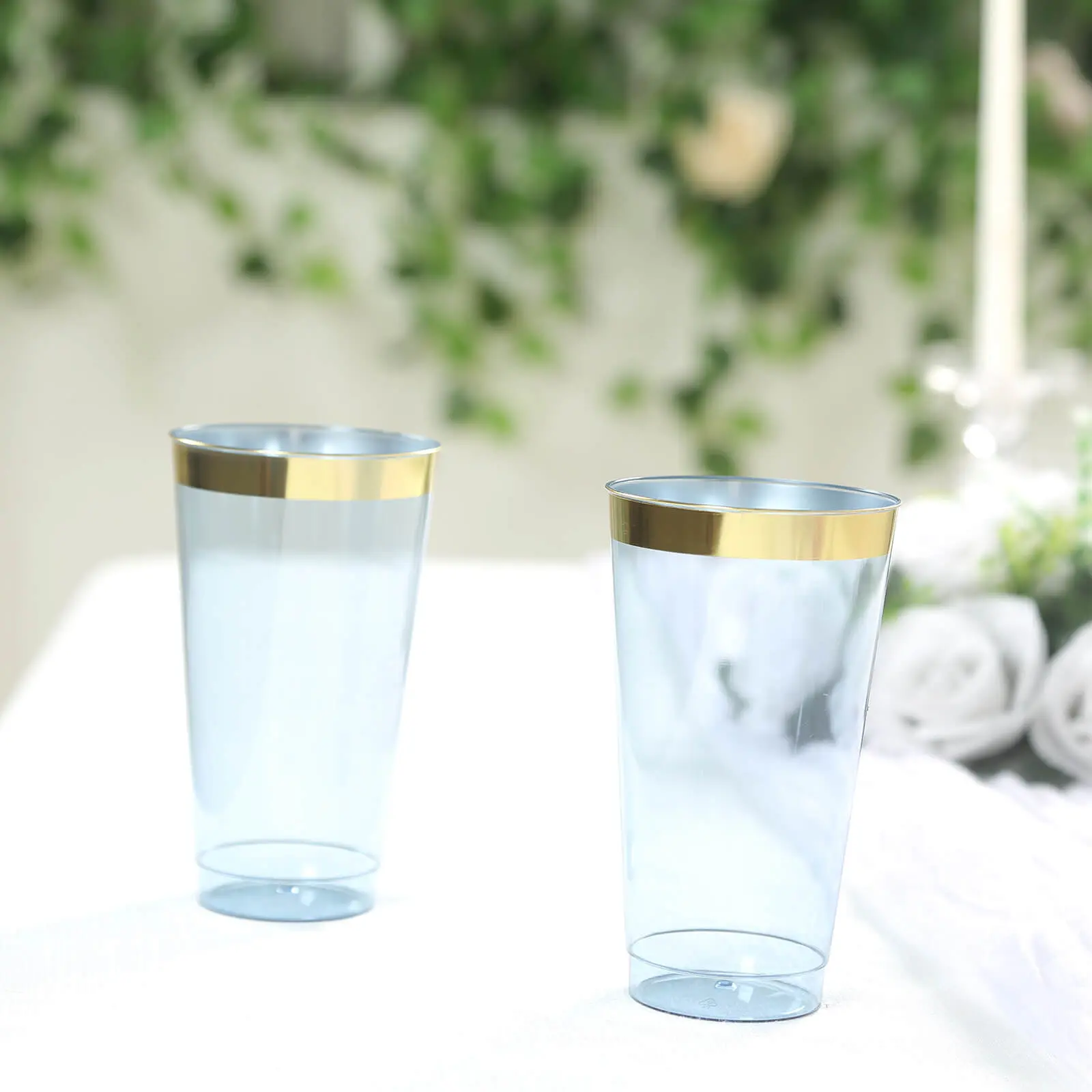 12-Pack Transparent Dusty Blue Plastic Party Cups with Gold Rim - 17oz 5.5" Durable Disposable Tumblers for Birthday, Wedding, Holiday Supplies Occasions, 5.5 Inches