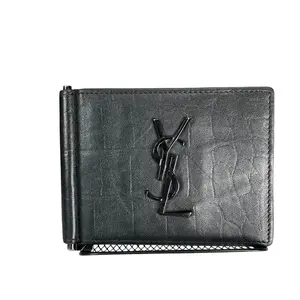 Pre-owned Leather Small Leather Goods Saint Laurent YSL Mens Black Croc Embossed Clip Cash Card Bi Fold Wallet