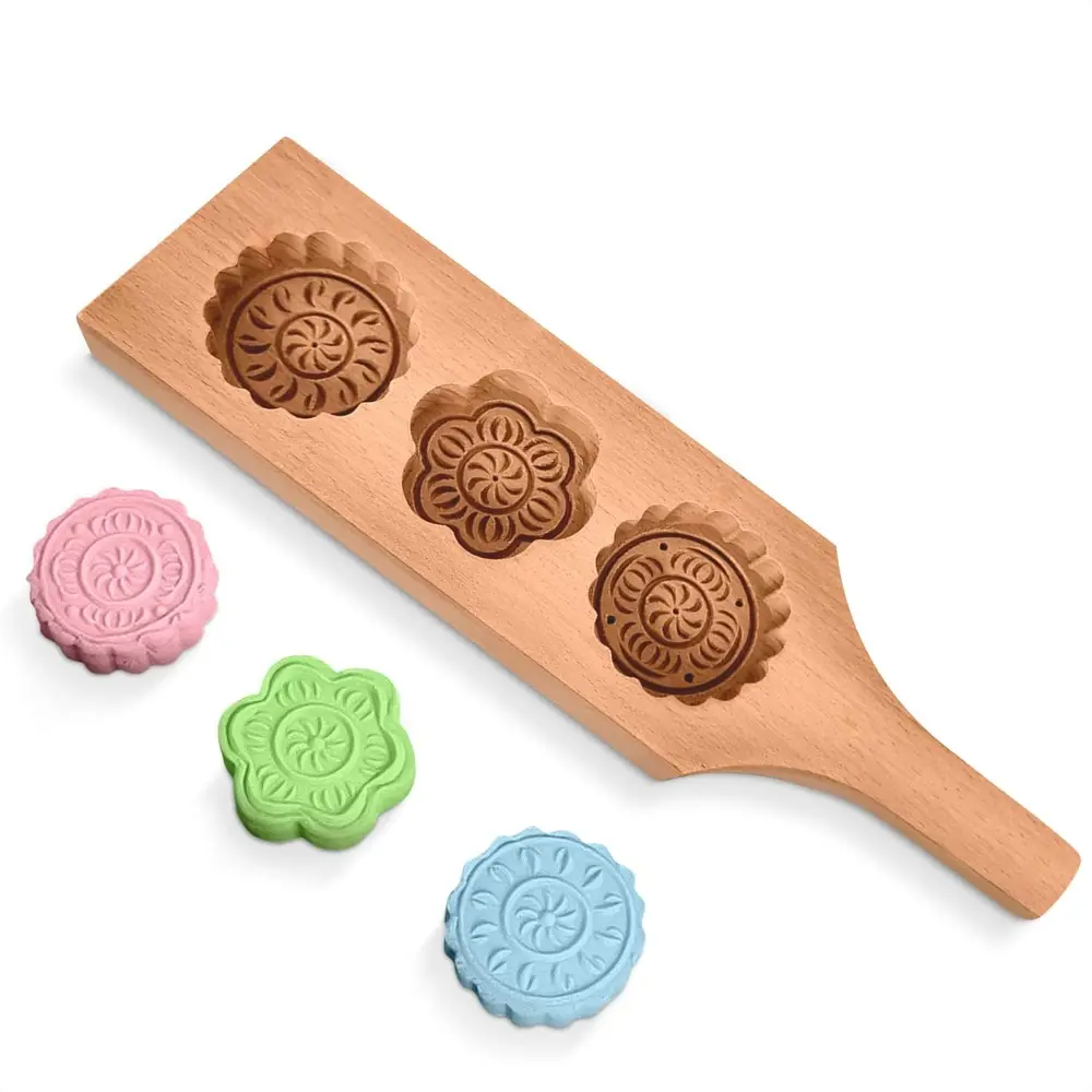 Wooden Bakery Molds & Stamps - 3 Flower-Shaped Kitchen Bakeware Decorating Tools for Baking Dough, Butter, Moon Cakes