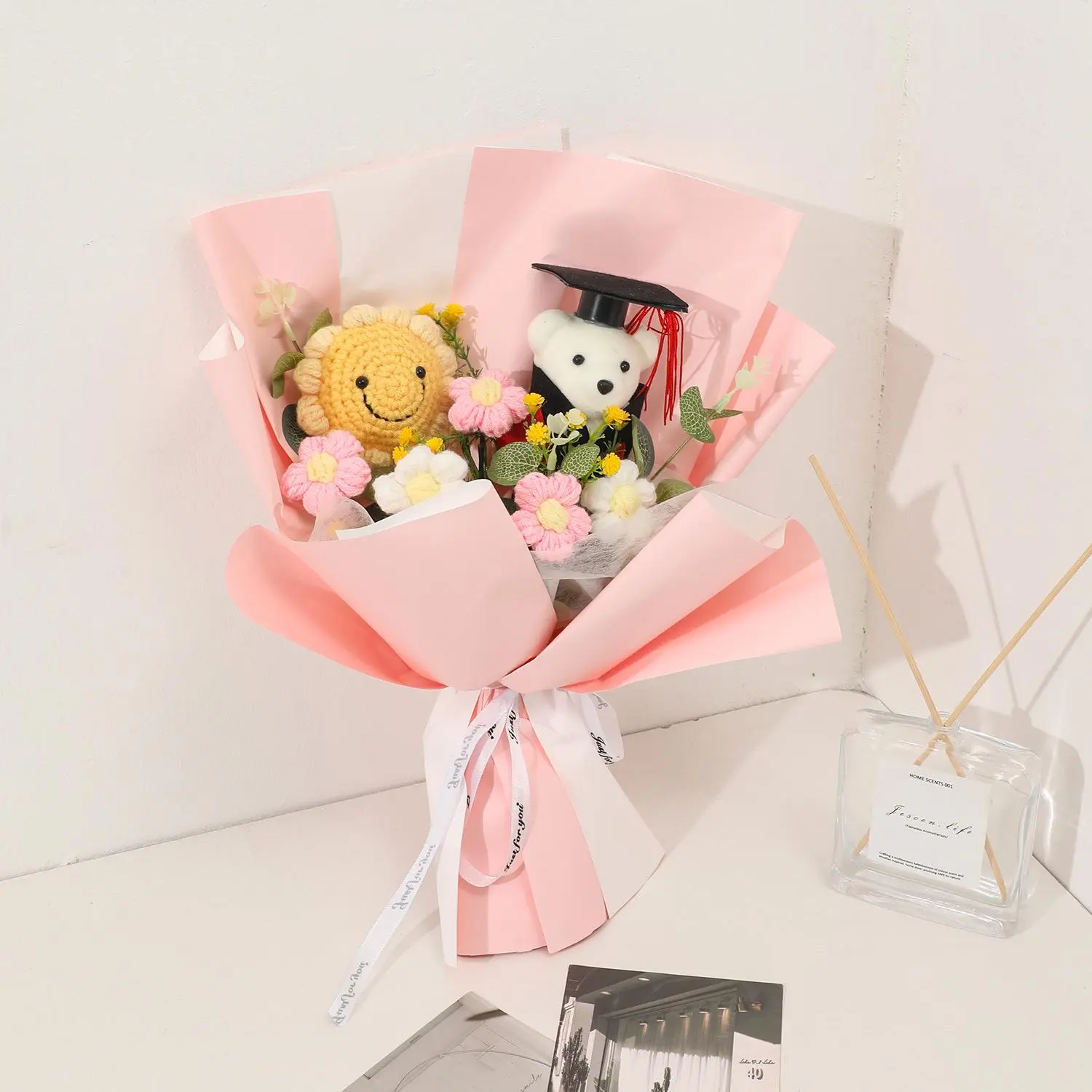 Graduation Bear Bouquet, Artificial Flower Bouquet with Bear Doll, Stuffed Bouquet, Graduation Season Gift, Home Decor Supplies, Decorative Gift, Gift for Friends & Family, Gift Basket, Graduation Gifts