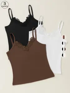 3 piece set of solid color sexy lace-trimmed women's camisole tank tops, Spaghetti Strap, high-elastic, non-slip, breathable vests, women's wireless running and yoga sports tops, casual daily wear, lace sexy versatile base tops for women