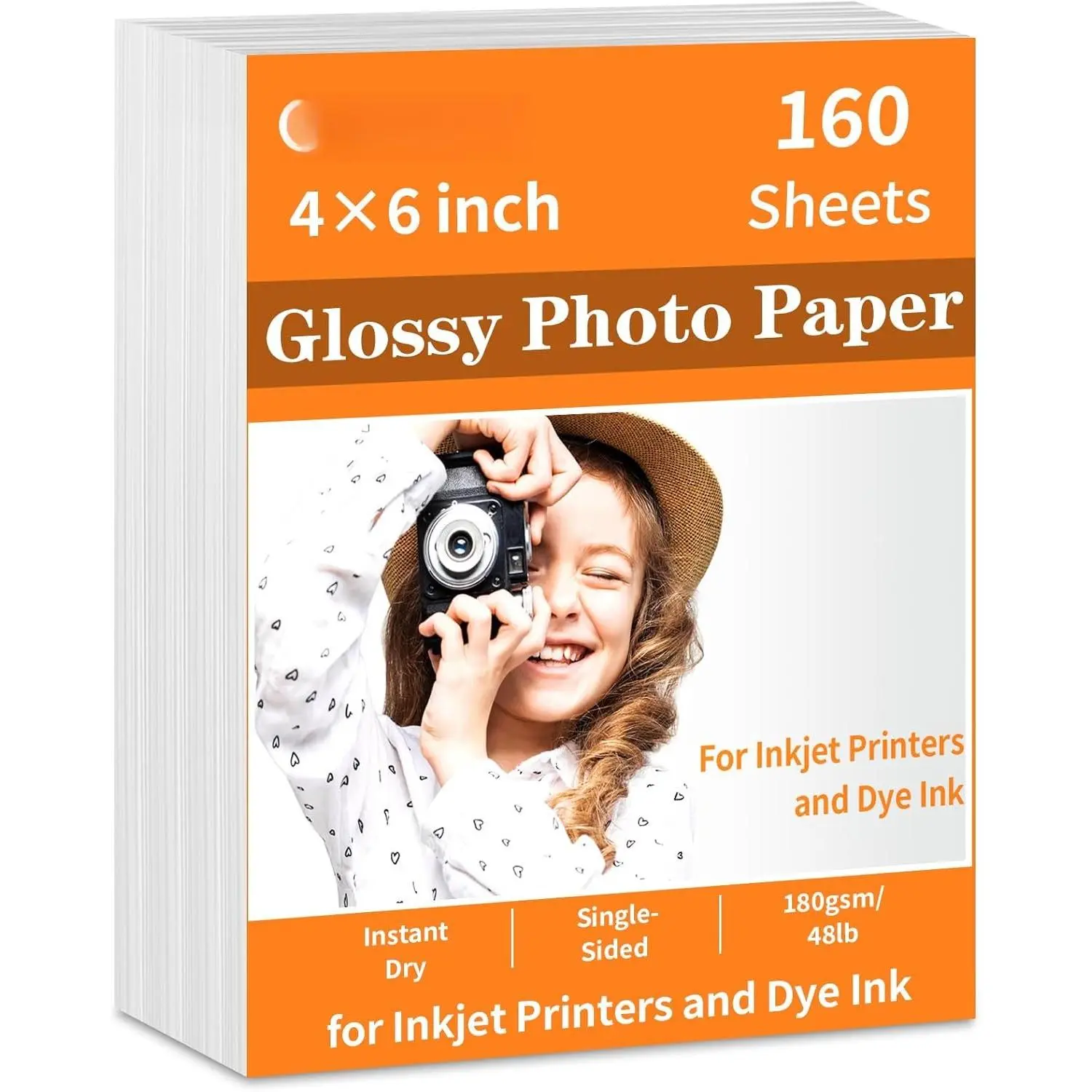 Glossy Photo Paper with Glossy Finish & Super Cast Coating, 4x6 Inches, 160 Sheets, 180gsm/48lb, Dye Ink Compatible Instant Dry Inkjet Printer Paper for Flyers, Invitation Cards, Chip Bags (Office Stationery Supplies)