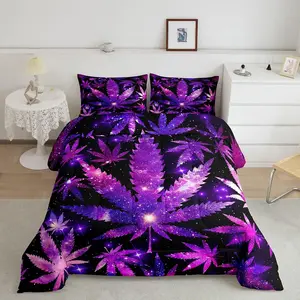 Feelyou Purple Black Cannabis Leaf Comforter Set - Breathable Microfiber Duvet Set, Unisex Hippie Galaxy Bedding, Bedroom Decor Ideas Bed Accessories for Adults