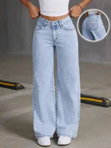 Women's Bow Embroidery Pocket Light Wash Wide Leg Jeans, Fashion Casual Denim Pants for Daily Outdoor Wear, Women Trousers for Spring & Fall, Baggy Pants