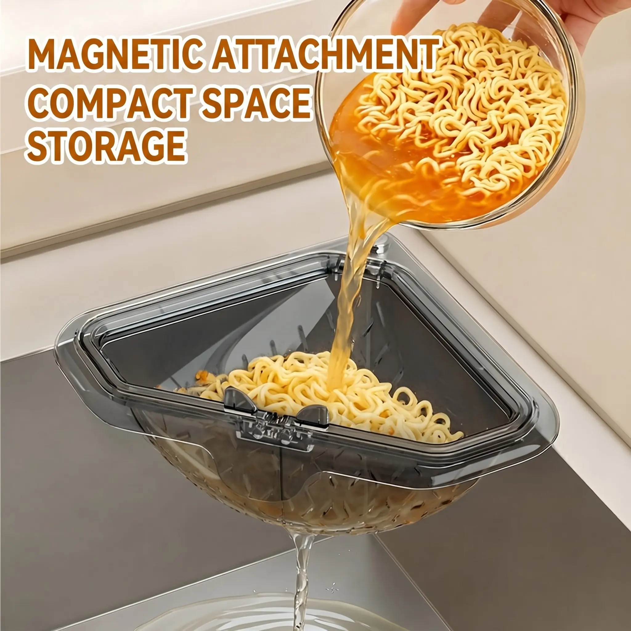 Magnetic Triangle Kitchen Sink Strainer Basket Hanging No Drill Installation Anti Clog Colander For Food Waste Leftover Residue Dry Wet Separation Sink Organizer