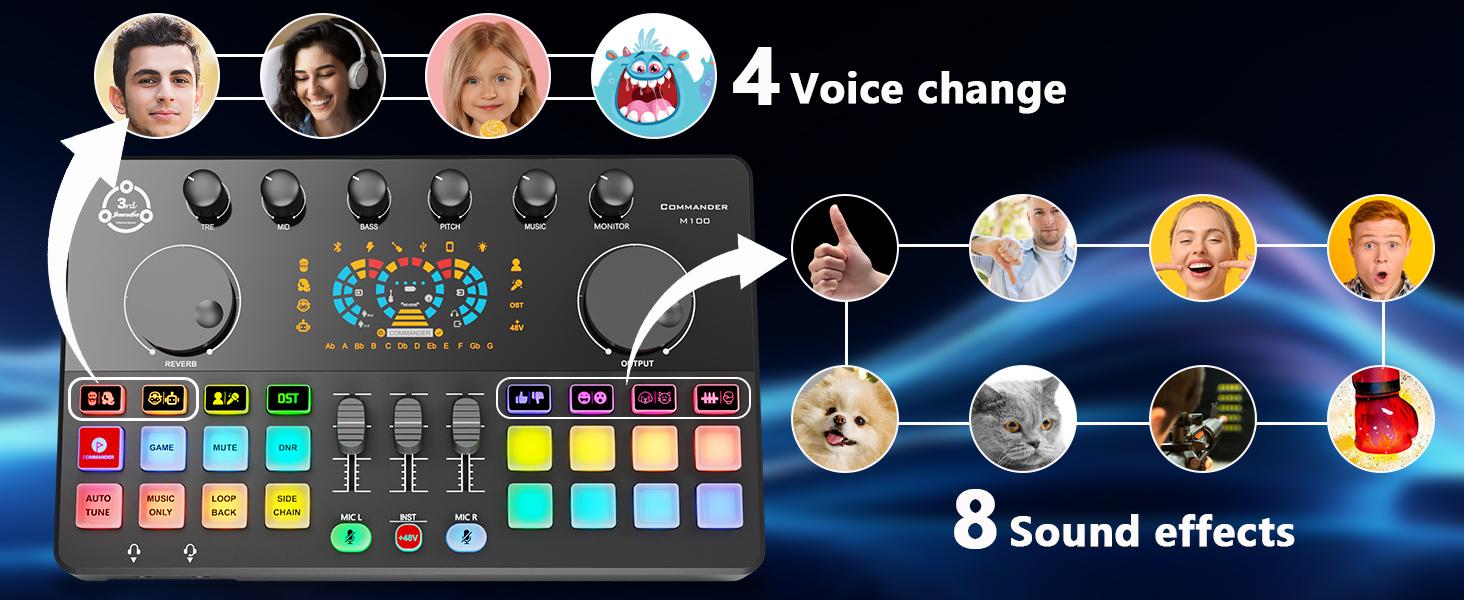 Squarock M100 Complete Set Podcast Equipment Bundle, RGB Audio Interface Mixer with Dynamic XLR/USB Microphone, Desktop Stand, Noise Reduction, Voice Changer, for Vocal Recording, Podcasting, Streaming, Gaming
