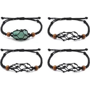 4Pcs Empty Crystal Bracelet Holder Adjustable Stone Cage Cord Bracelet Nylon Braided Crystal Cage Bracelet Holder with Natural Wood Beads for Bracelet Charm Jewelry Making