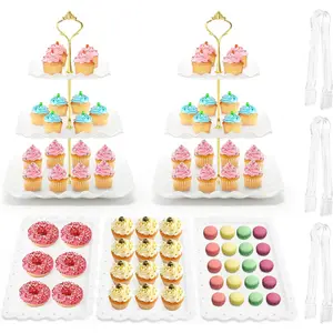 8 Pieces Cupcake Stand Set, 2 PCS 3 Tier Cupcake Stands with 3 PCS Appetizer Trays, 3 PCS Serving Tongs, Dessert Tray for Tea (White)