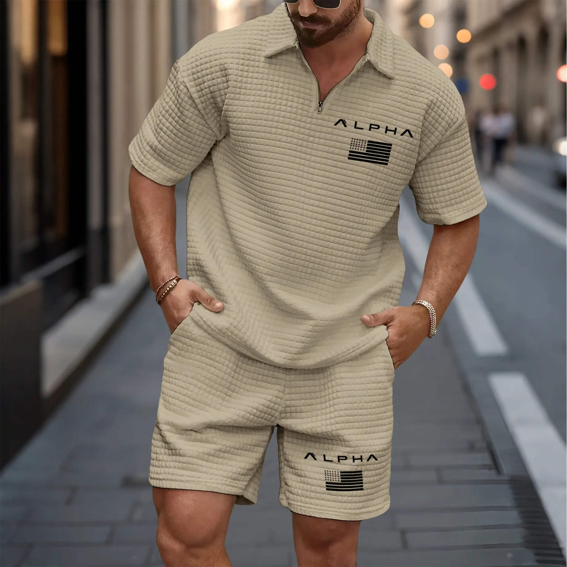 Men's Alpha Printed American Flag Pattern Short-Sleeved Polo Shirt And Shorts Set, Made Of Solid-Colored Textured Fabric, Breathable And Comfortable, Featuring A Classic Zippered Collar Design. A Stylish And Practical Everyday Outfit.