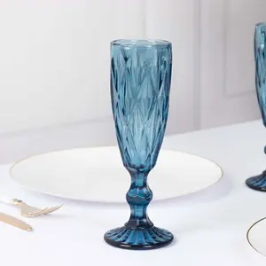 6-Pack Crystal Cut Champagne Flute Glasses 6oz Textured Design Transparent Ocean Blue 8" - Wine Goblets for Toasts & Celebrations