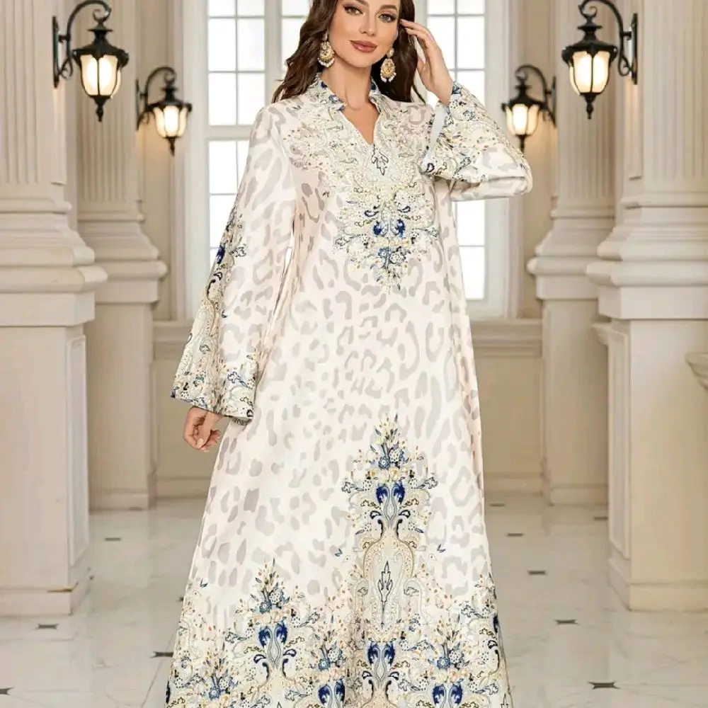 Elegant Women'S Muslim Abaya - Floral Print, Long Sleeve, V-Neck, Sparkling Beaded Detail, Traditional Jellabiya Dress for Ramadan and Holidays modern islamic dress