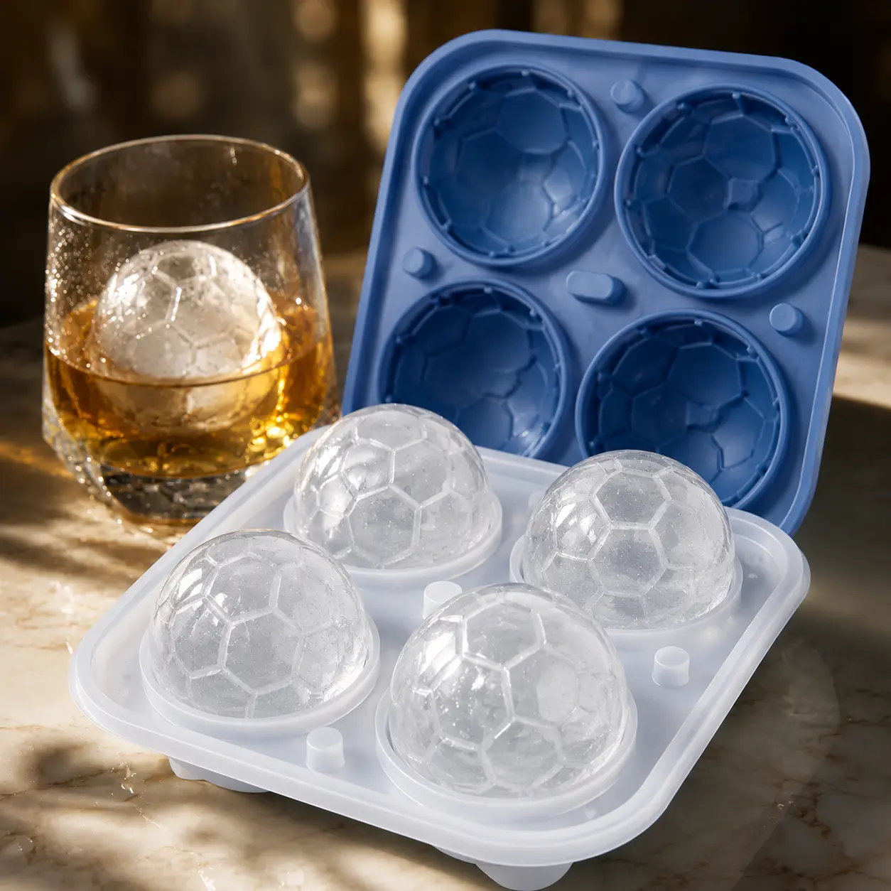 Silicone Soccer Ice Cube Mold - Football Ice Ball Tray for Whiskey, Cocktails, Chocolate & Ice Cream, Makes 4 Large Ice Spheres, Blue