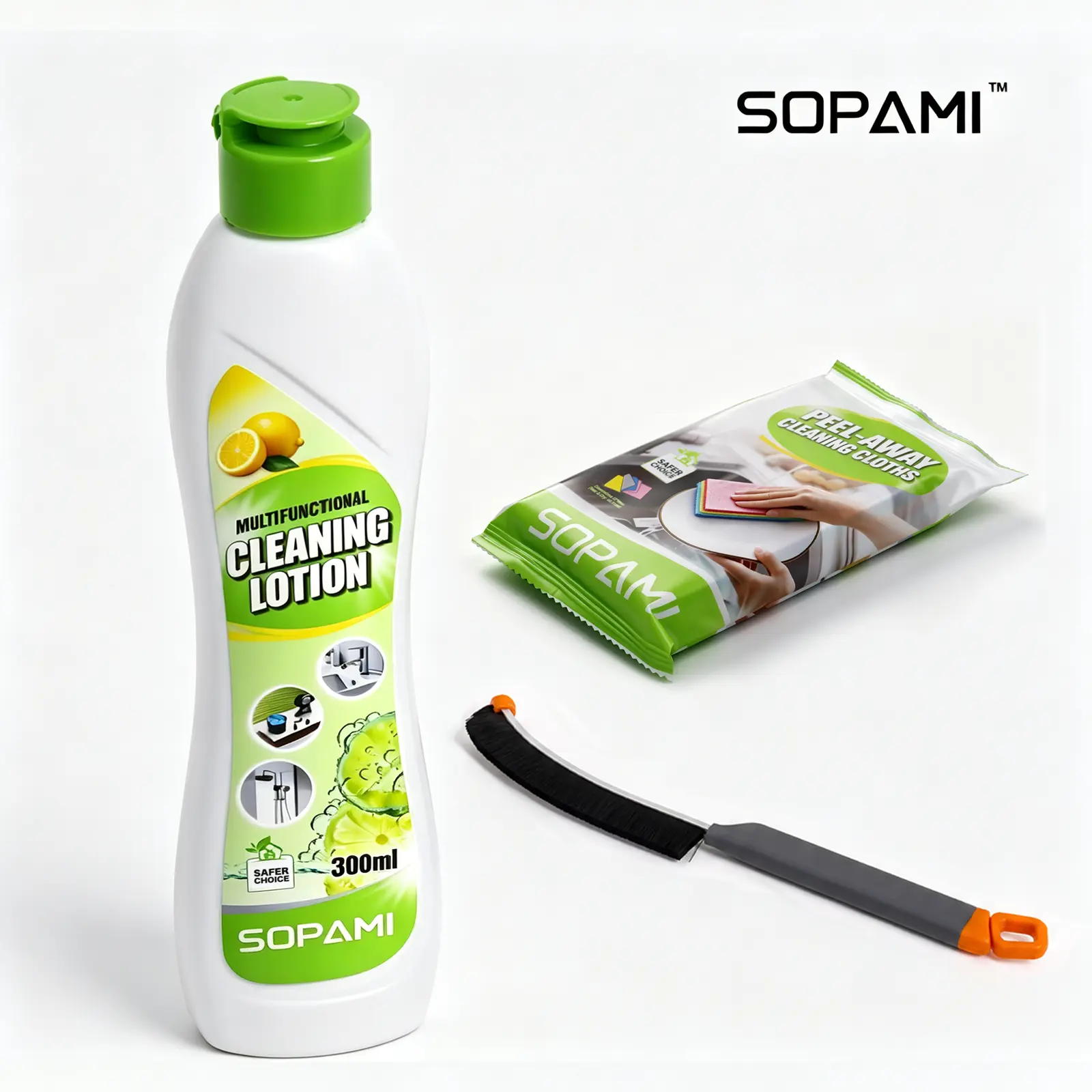SOPAMI 300ml Plant-Based Multisurface Cleaning Lotion Kit, EPA Safer Choice Certified, Tough on Stains & Gentle on Skin, with Microfiber Cloth & Crevice Brush, Fresh Lemon Fragrance