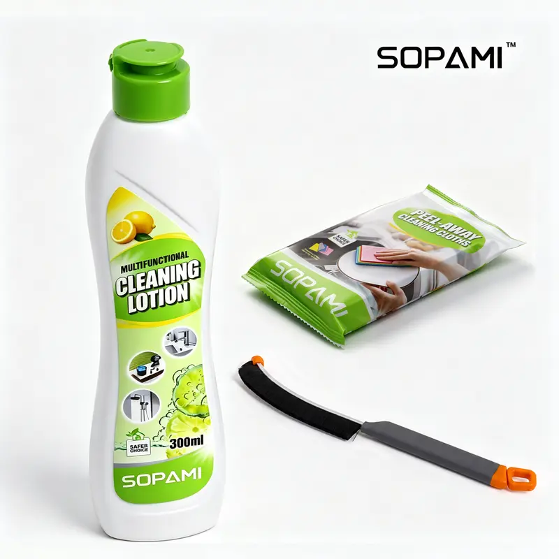 SOPAMI 300ml Plant-Based Multipurpose Cleaner Set, EPA Safer Choice Certified, Lemon-Scented Kitchen Cleaner, Grease-Grime Lifter, Streak-Free, Scratch-Free, Skin-Gentle, Sink & Counter Safe, with Reusable Microfiber Cloth & Crevice Brush