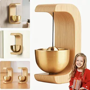 Wooden Wind Chime Doorbell with Brass Bell Hanging Ornament, Decorative Entryway Door Chime for Home, Office, Garden, Shop Entrance Reminder and Alert, Vintage Style Doorbell Decor