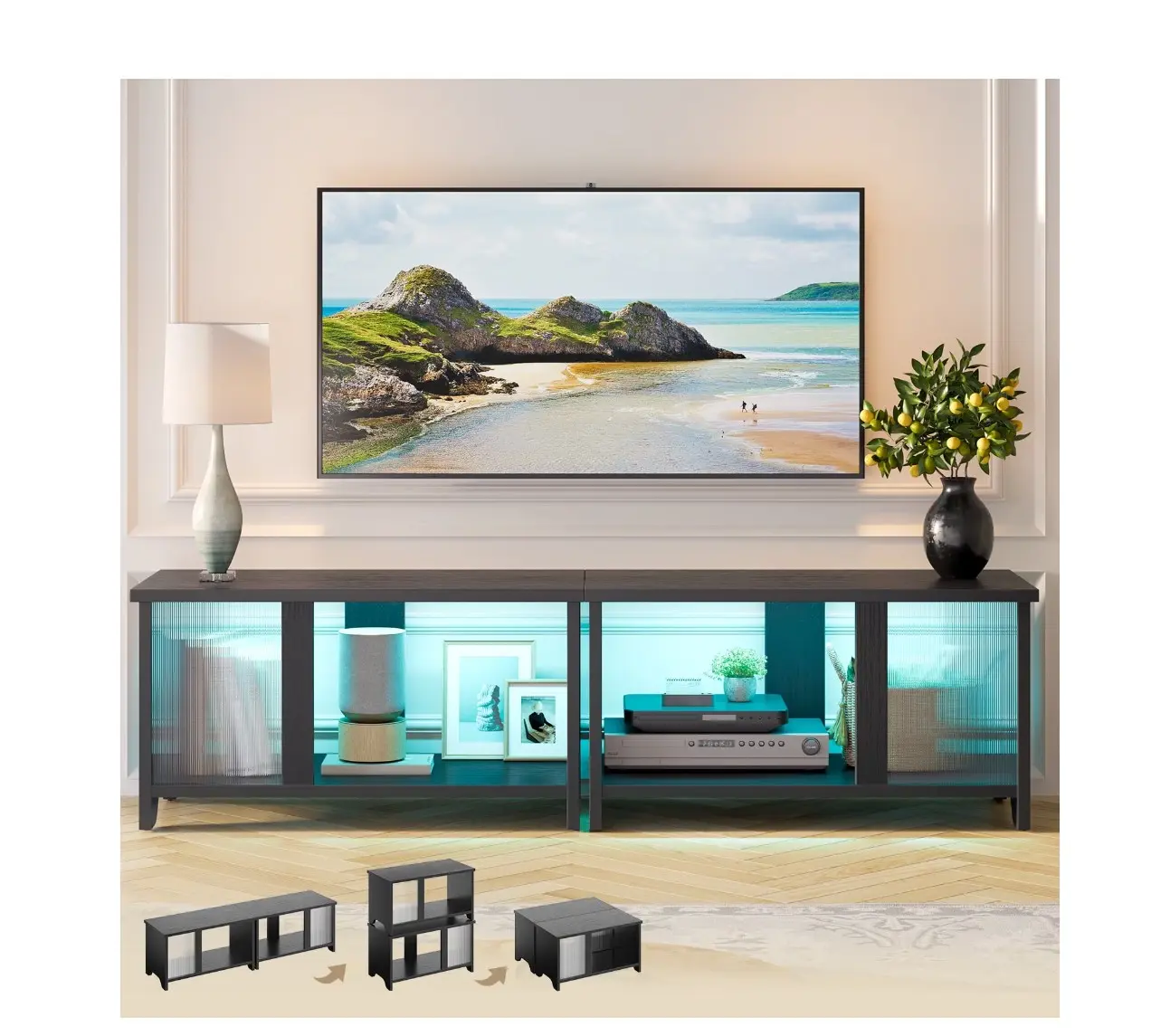 LED TV Stand for TVs up to 65'', Expandable Side by Side or Stacking TV Stand with Storage, Black