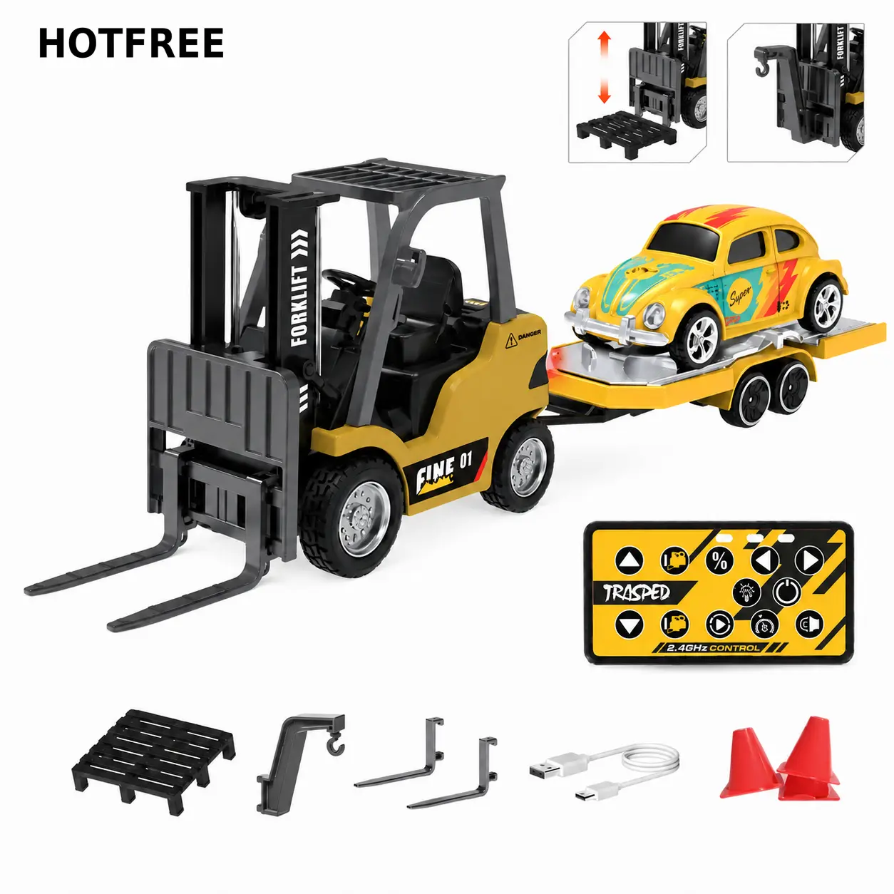 Hotfree 1/64 Mini RC Forklift Truck – 11 Channel, 2.4GHz APP & Remote Control, USB-C Rechargeable Alloy Construction, Mini Car Toy, 2-in-1 Fork & Hook, Birthday Christmas Gift for Kids & Adults