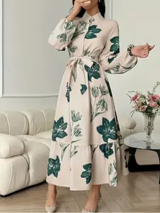 Elegant Women's Long Sleeve Dress with Floral Print, Waist Tie Design, Perfect for Casual Wear & Special Occasions