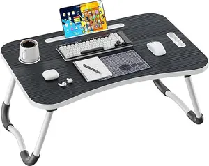 Folding Lap Desk, 23.6 Inch Wooden Laptop Bed Table with Cup Holder, Portable Bed Tray for Working, Writing, Reading and Eating, Suitable for Bed, Sofa, Floor - Black