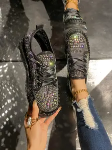 Women's Thick Sole Sport Shoes, Rhinestone Fashion, Fashionable Embellishments, Casual Shiny Vintage Woven Walking Shoes, Round Toe All Seasons Sports Shoes