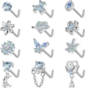 12pcs 20G Nose Rings Surgical Stainless Steel, L Shaped Nose Studs for Women Men, western and Tongue Ring Pack Button Belly
