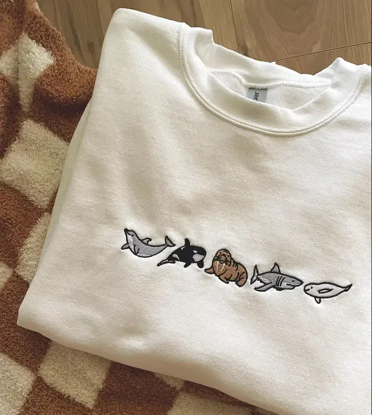 Ocean Animals Embroidered Sweatshirt, Orca Dolphin Beluga Walrus Shark Design, Marine Life Lover Gift, Cozy Unisex Sweatshirt Women Men's Shirt