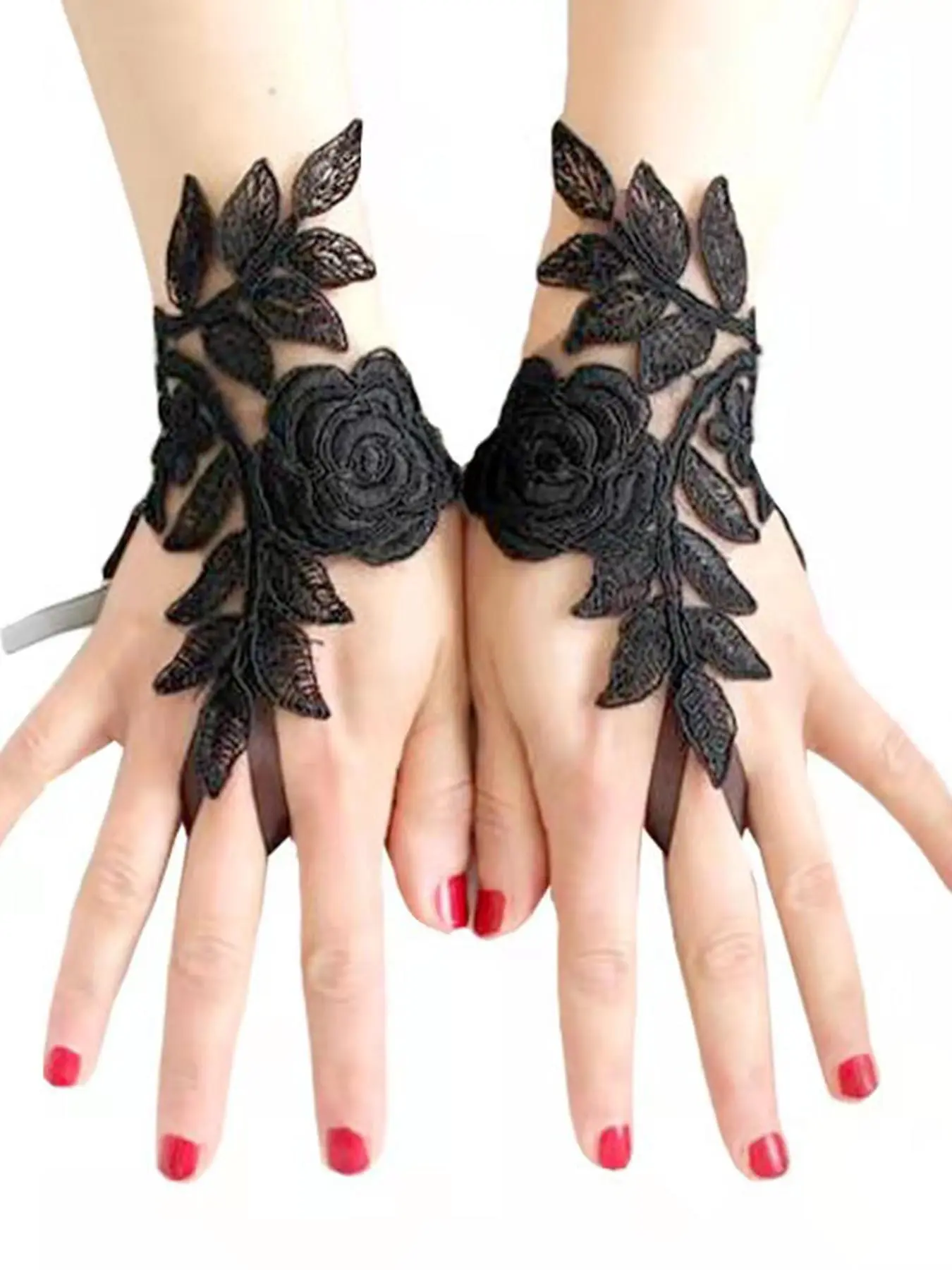 Lace Flower Rose Decor Bridal Gloves, Floral Elegant Gloves for Wedding Bridal Party Formal Occasions, Fashion Accessories for Women, Hand Gloves