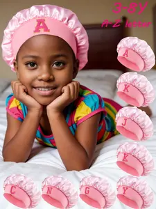 For Little Princesses! Pink Letter Embroidery Hair Care Bonnet,Anti-Hair Tangling | Kids Satin Hair Care Sleep Bonnet 3-8Y