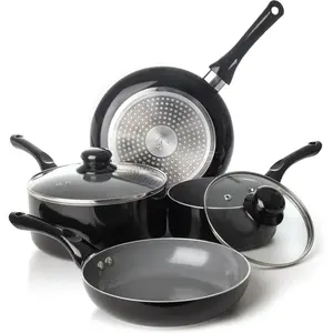 6 count Black Nonstick Cookware Set, Pots And Pans Set Non stick With Glass Lid, Induction Cookware, Stay-Cool Handle PTFE/PFOA Kitchen Pots 6- with Frying Pans  Saucepan