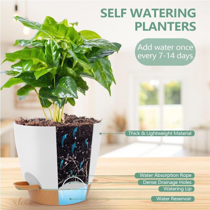 Set of 5 Self-Watering Plant Pots (7", 6.5", 6", 5.5", 5") – Plastic Flower Pots for Indoor & Outdoor Succulents, Includes Nitrile Gloves