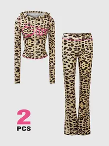 Y2K Leopard Print Loungewear Set Womenswear - 2 Piece Fitted Zip Up Hoodie & Flare Pants Co-Ord, Cute Pink Trim & Graphic Design, Trendy TikTok Viral Aesthetic, Comfy Matching Pajamas for Loungewear & Streetwear, Outfit Casual