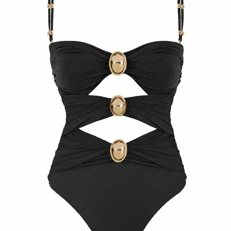 Women's Cut Out Ruched Cami One-piece Swimsuit, Solid Color Sleeveless Swimwear, Stretch Fabric Swimwear for Beach Holiday Vacation, Cutout Bathing Suits, Stretchy Swimwear
