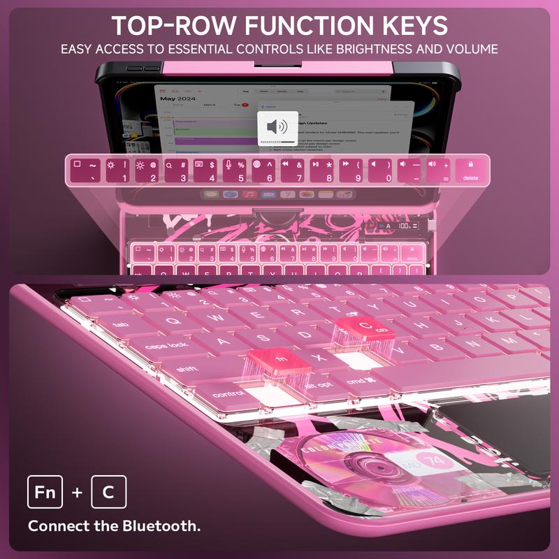 Transparent Y2K Pink 360°Rotatable Keyboard iPadCase for 2022 iPad 10th Gen 10.9-in & iPad 11th Gen 11-in.(A16, 2025),Clear Hard PC Back,Trackpad,Pencil Holder,7 Color Backlight Adjustable Durable