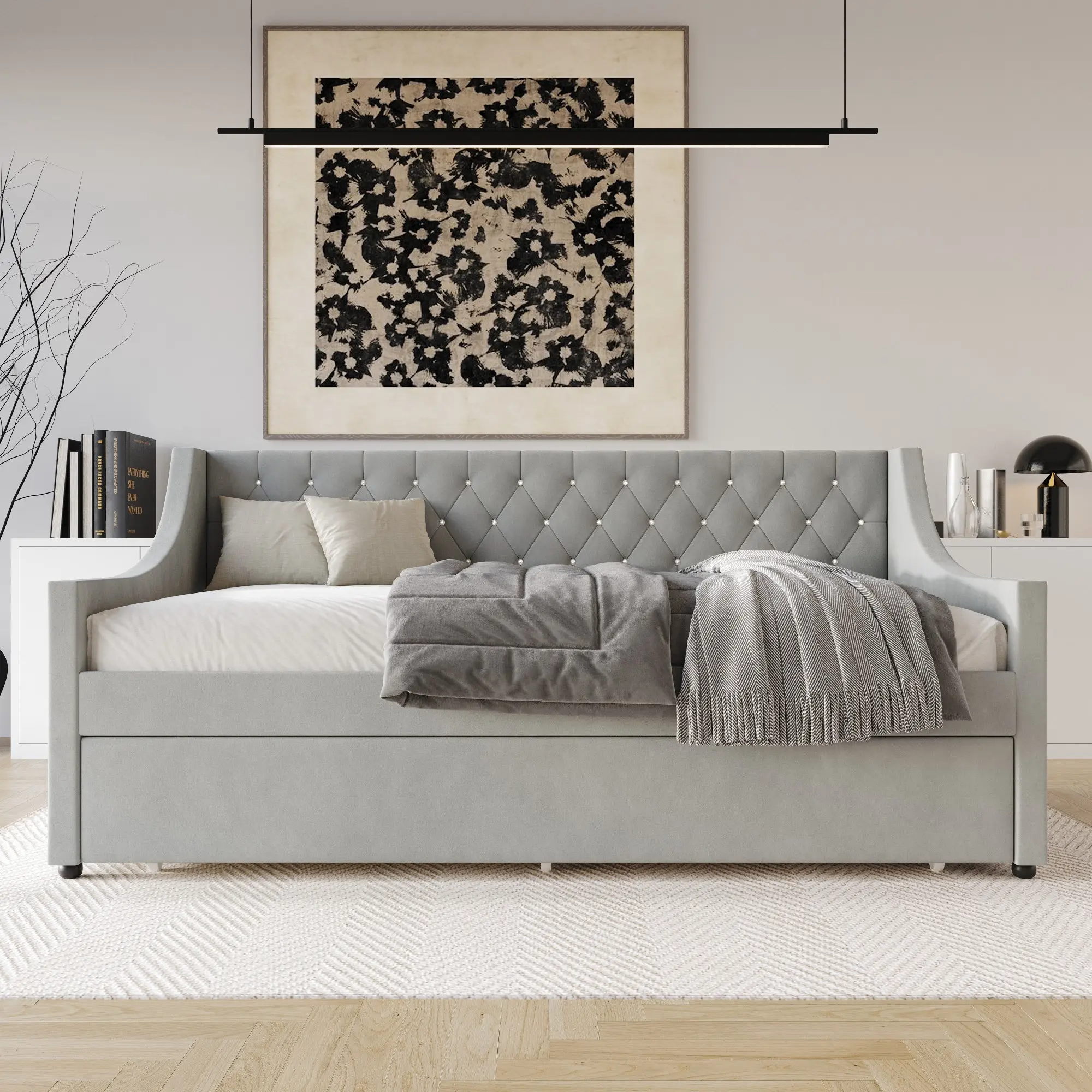 Favorer Vinnie Classic Diamond Velvet Upholstered Twin Daybed with Pull-Out Trundle, Transitional Design, Requires Assembly, Ideal for Modern Bedroom, Kid Room