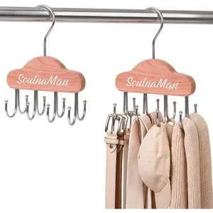 2 PCS Wooden Belt Hanger with 8 Hooks, Belt & Tie Organizer Rack for Closet, Suitable for Belt Bra Tank Top Tie Hat Purse