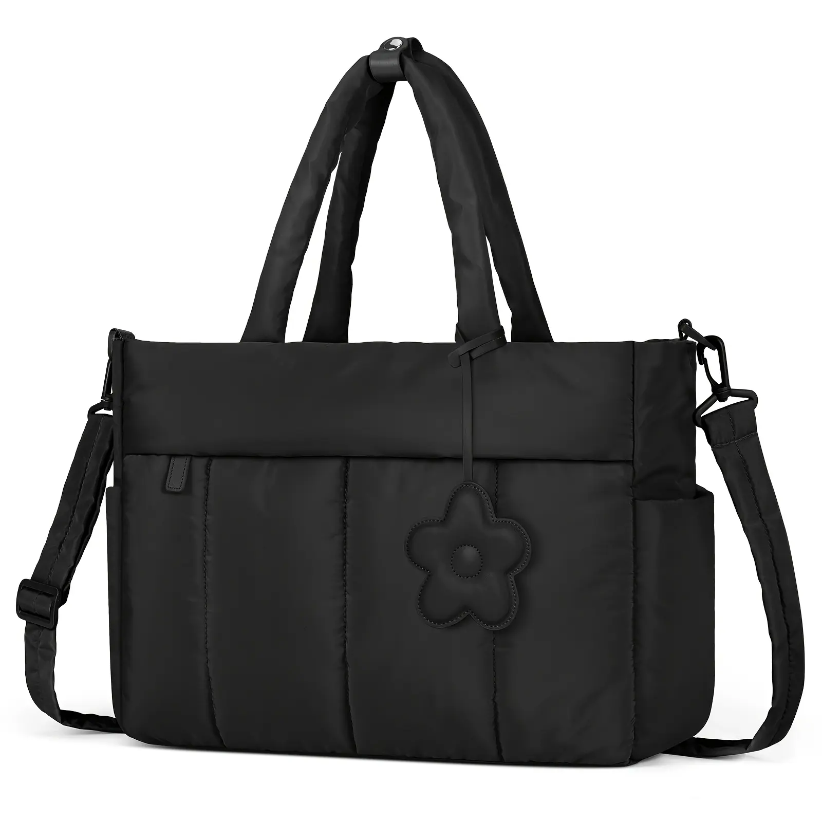 Women's Khaki Quilted Nylon Zipper Puffer Tote Bag - Double Handles, Shoulder Strap, Multiple Compartments, Lightweight, TSA-Friendly for Travel, Business