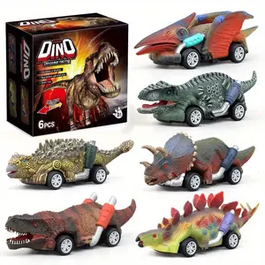 Dinosaur Design Pull Back Car Toy, 6 Counts/set Durable Plastic Dinosaur Car Toy, Ideal Gift for Boys & Girls