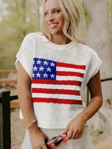 Women's Flag Graphic Short Sleeve Sweater Top, 100% Acrylic Casual Round Neck Shift Knit Top for Daily Summer Wear